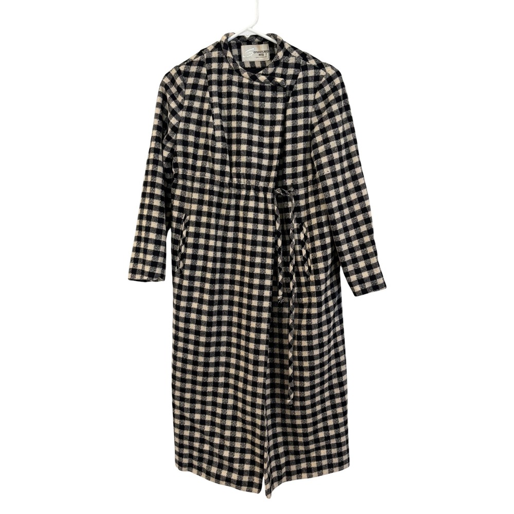 VTG 1960s Gingham Wool Trench Coat Black White Check Sophisticated Miss Mod Wrap